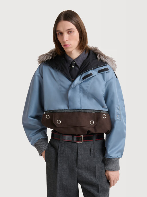 Grey nylon half-zip jacket with fur collar - Jackets
