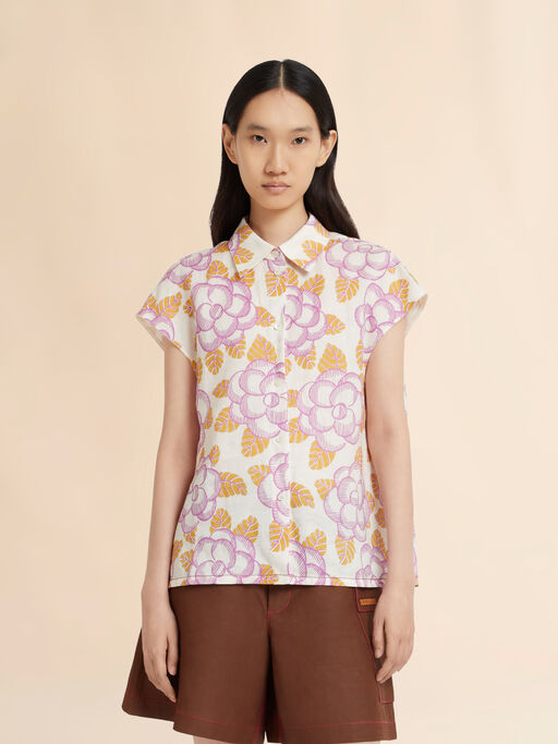 Banjoプリント クリームラミー ギャザーシャツ - シャツ