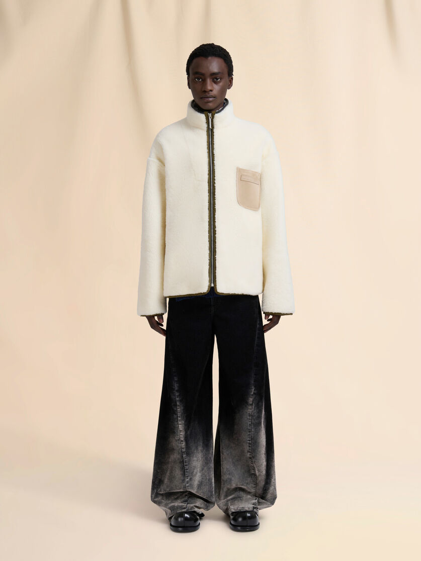 Cream shearling jacket with leather piping - Jackets - Image 2
