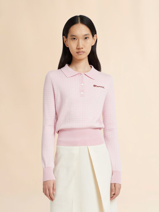 Pink wool-silk polo shirt with jacquard check - Shirts