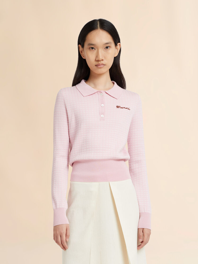 Pink wool-silk polo shirt with jacquard check, Image 2