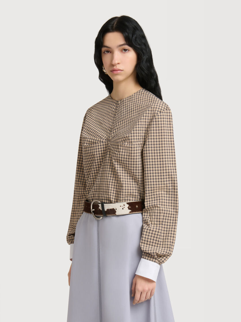 Brown checked poplin top with ruched front, Image 3