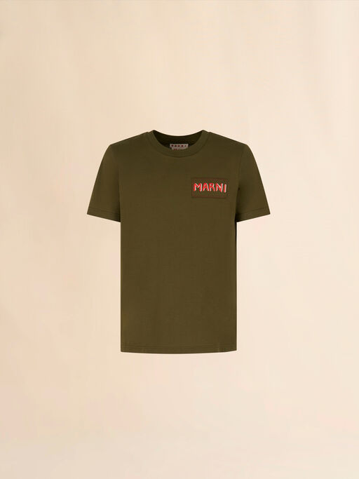 T-shirt girocollo in jersey verde scuro con etichetta Marni - Camicie