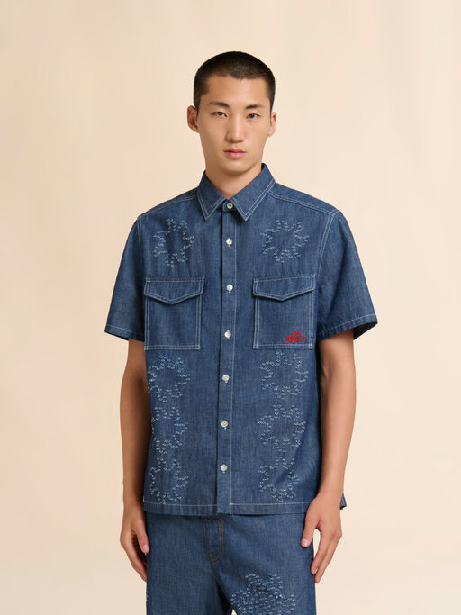Blue chambray short-sleeved shirt with frayed sun motif - Shirts