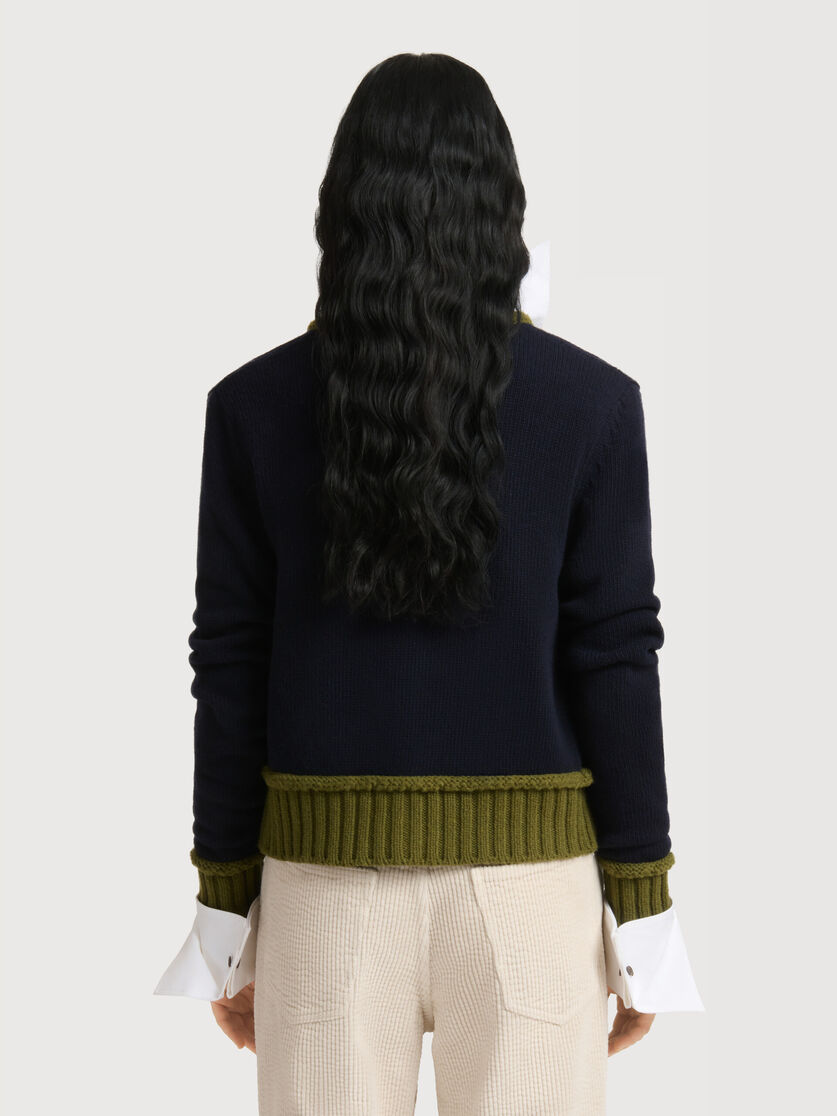 Deep blue wool blend cardigan with contrast trims, Image 4