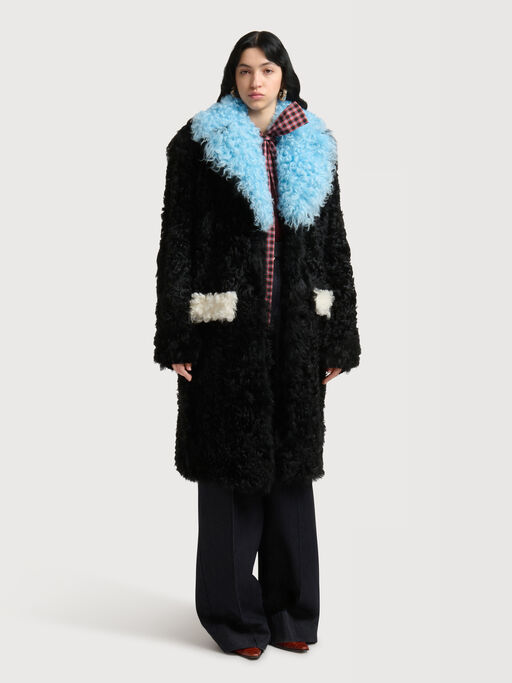 Black shearling coat with colour-block details - Coats
