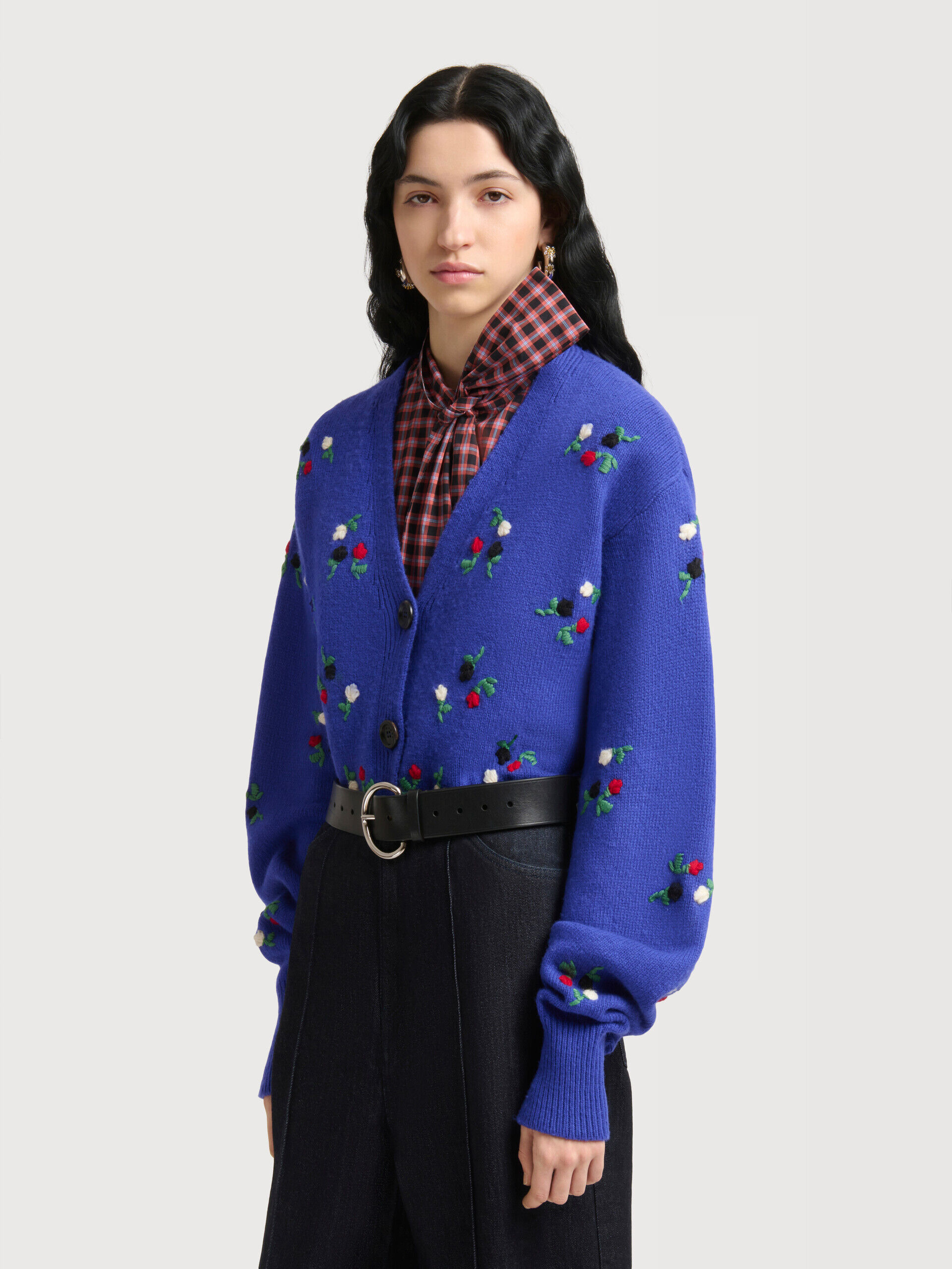 Blue wool-cashmere cardigan with flower embroidery | Marni