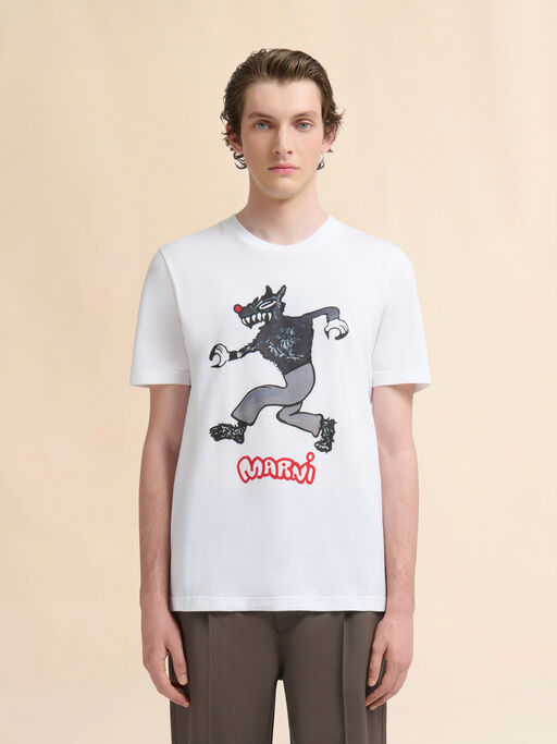 T-Shirt aus weißer Baumwolle mit Wolf-Print - Hemden