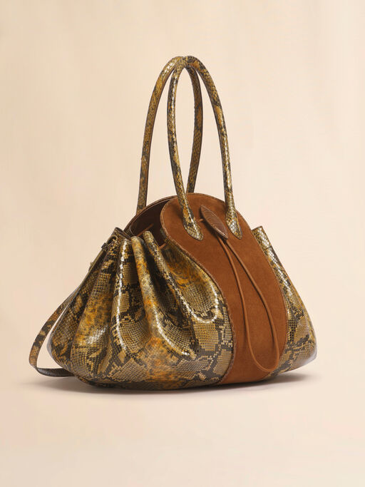 Brown suede and python-print leather Tulipea large handbag - Shoulder Bags