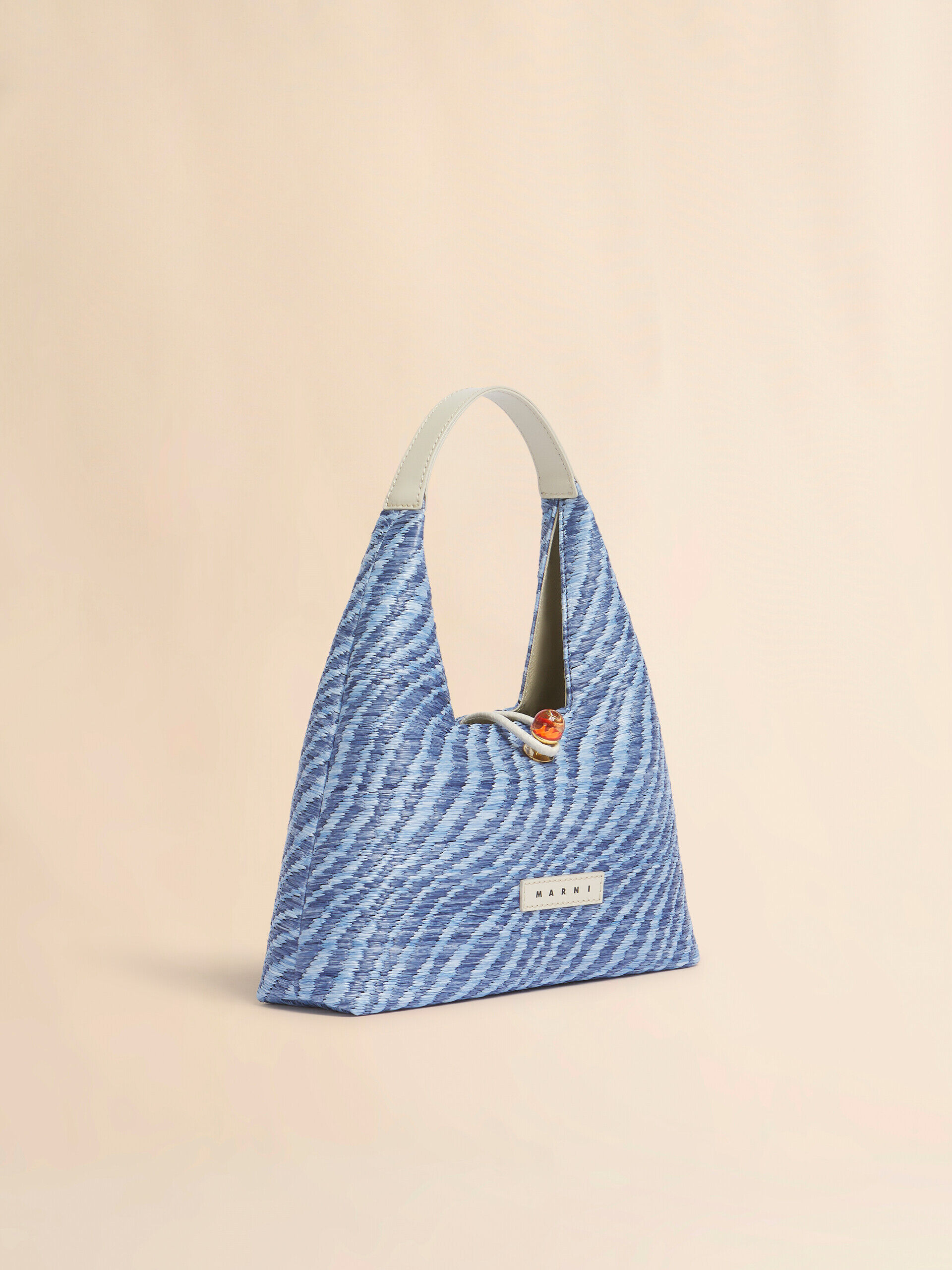 ブルー 波模様のラフィアエフェクト Trapeze ミニトップハンドルバッグ