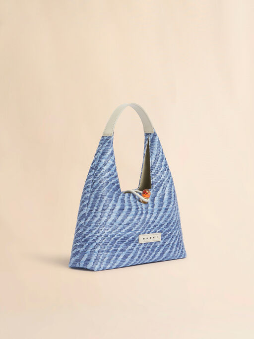 ブルー 波模様のラフィアエフェクト Trapeze ミニトップハンドルバッグ - ハンドバッグ