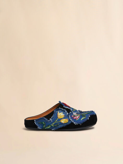 Black corduroy Fussbett sabot with denim appliqués - Sandals