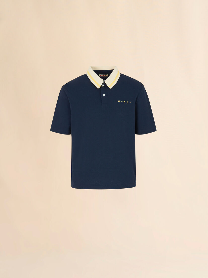 Deep blue piqué polo shirt with striped collar, Image 1
