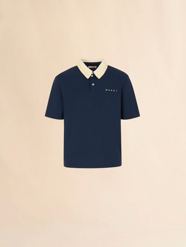Deep blue piqu&eacute; polo shirt with striped collar - Shirts