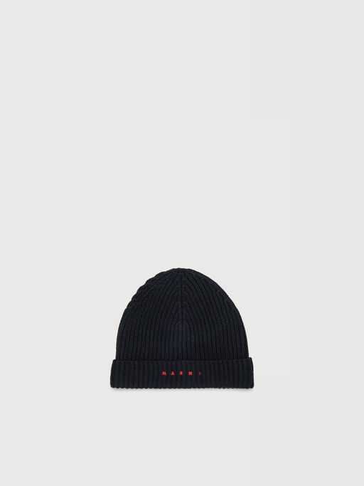Black wool blend beanie with embroidered Marni logo - Caps