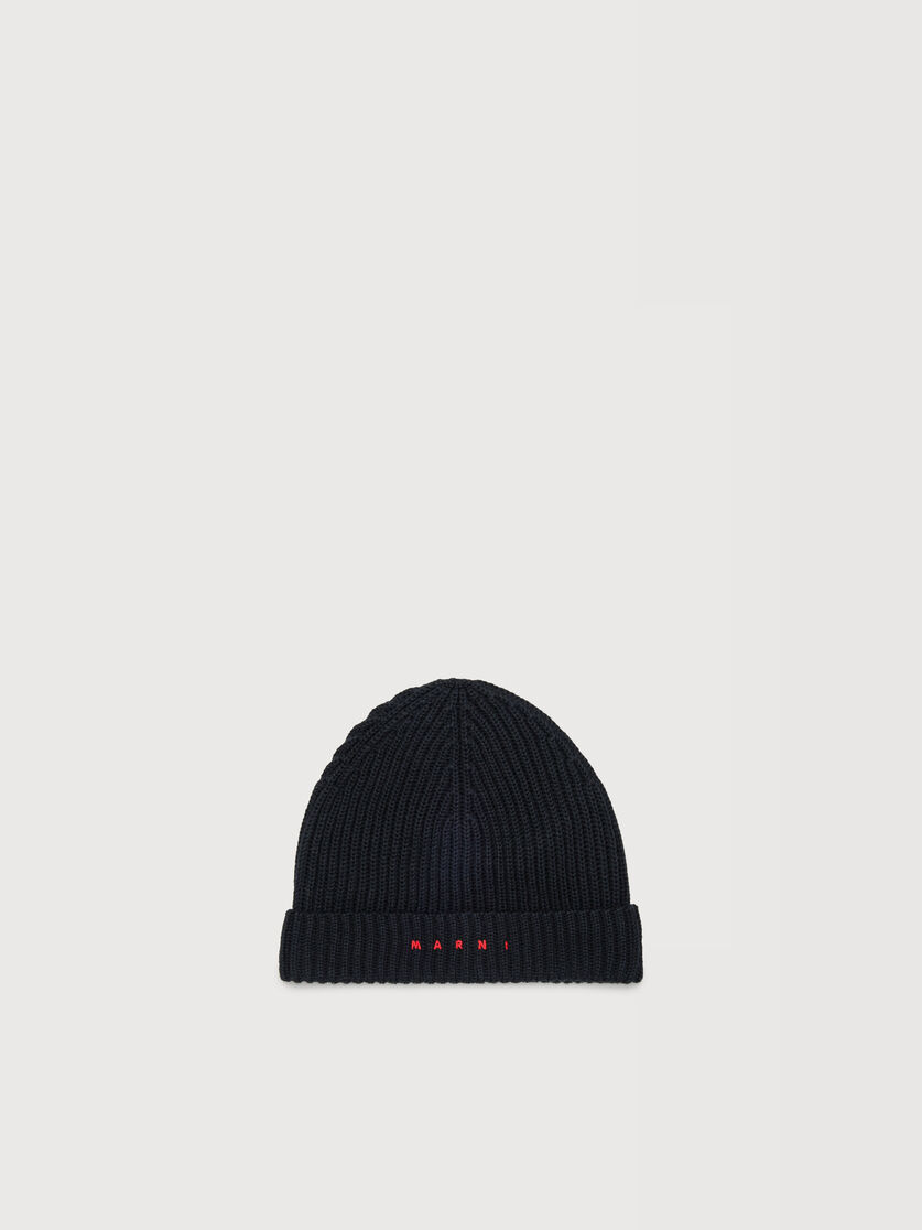 Black wool blend beanie with embroidered Marni logo, Image 1