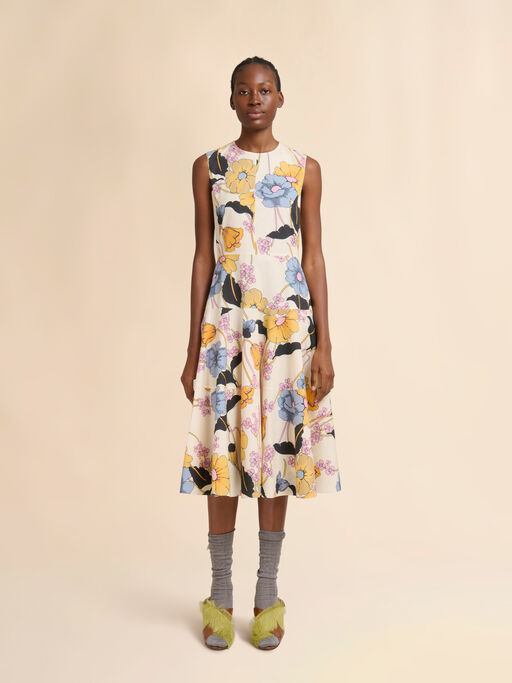 Cream poplin midi dress with Melodia print - Dresses