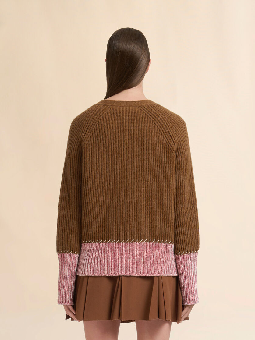 Brown wool colour-block cardigan - Pullovers - Image 3
