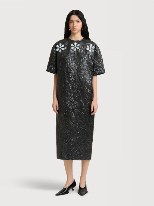 Black crinkled taffeta dress with daisy details - Dresses