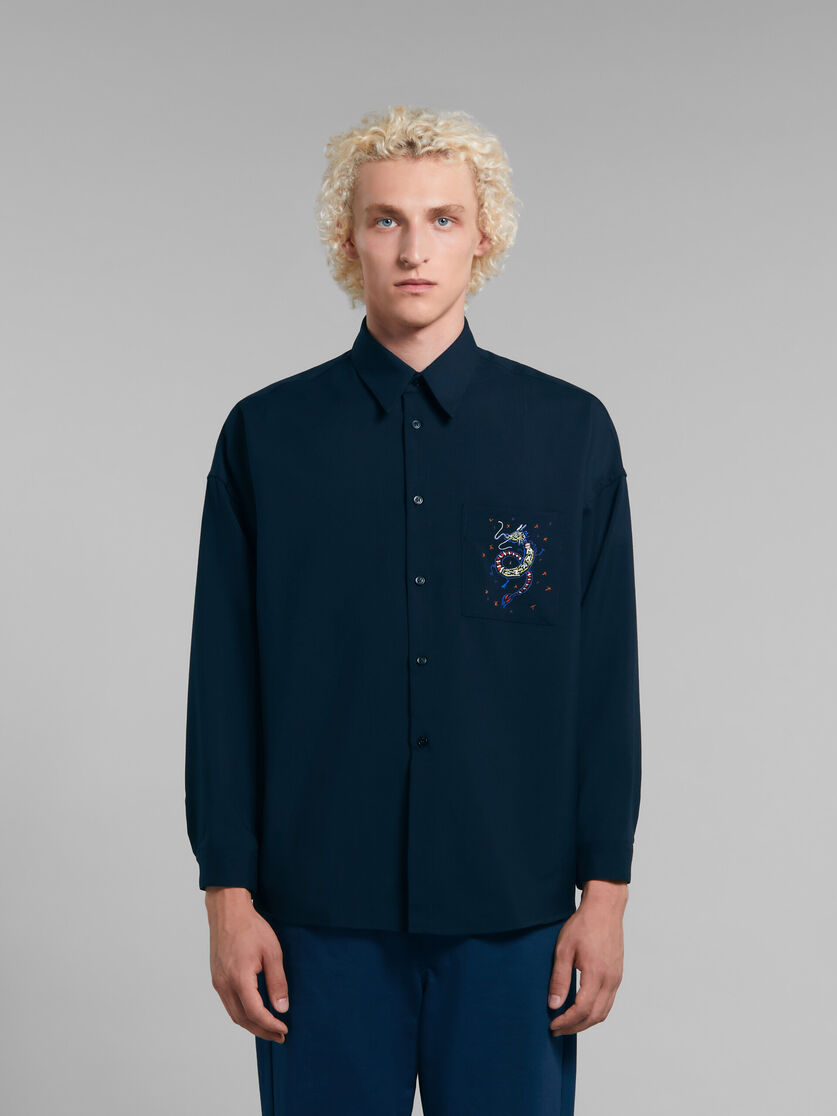 Dunkelblaues Wollhemd mit aufgesticktem Drachen | Marni