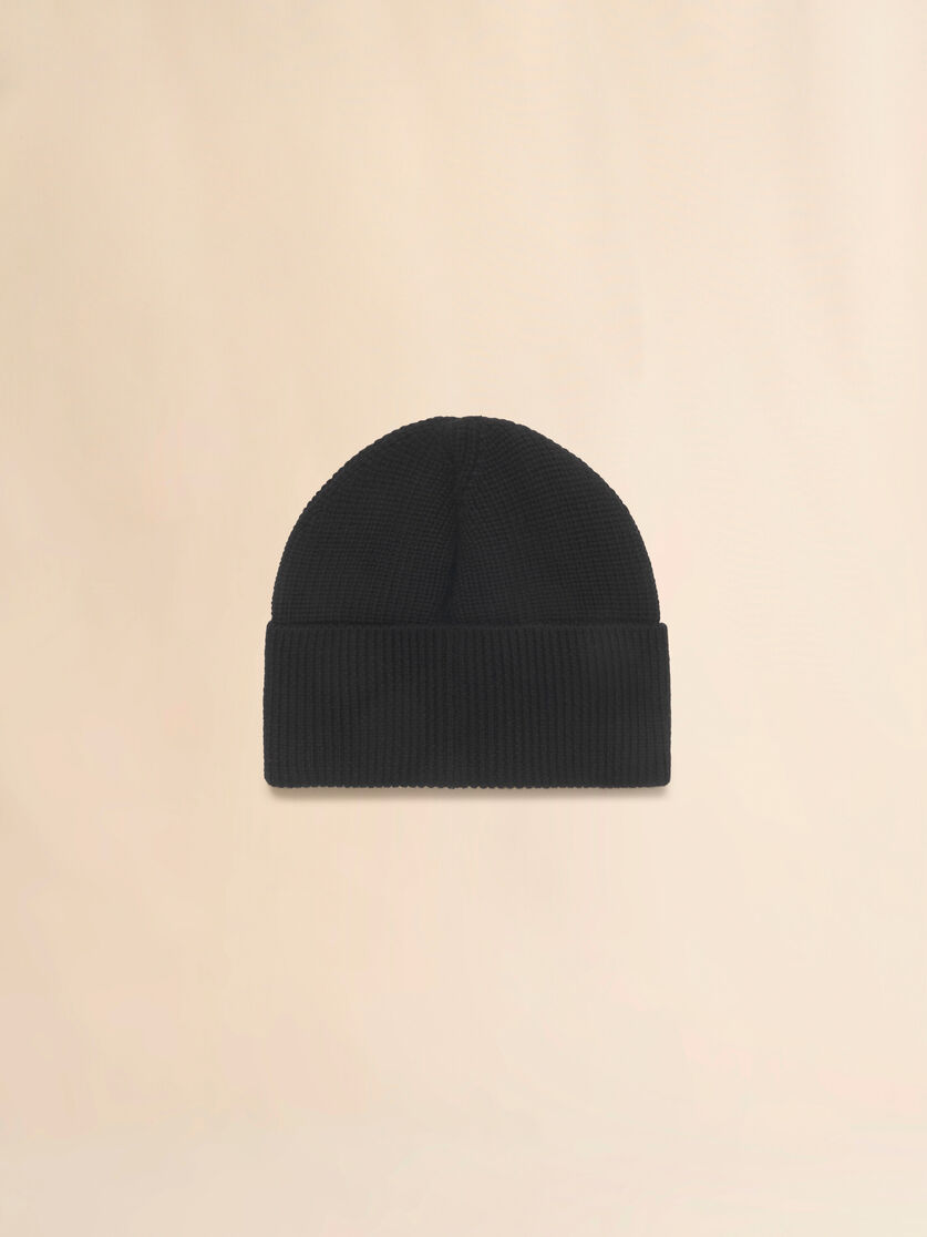Black wool fisherman's rib beanie with Marni patch, Image 3