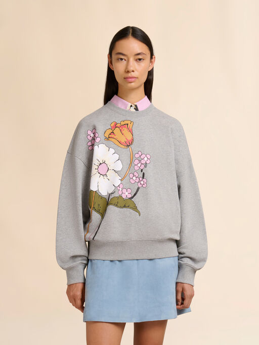 Gray cotton sweatshirt with Melodia floral print - Sweaters