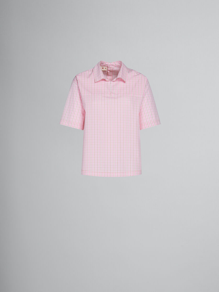 Pink checked blouse with back polo opening - Shirts - Image 1