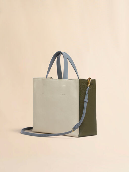 Deep green cream and blue leather Museo Soft tote bag with Marni Mending - Shopping Bags