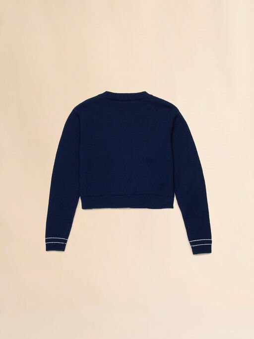 Deep blue cotton cardigan with contrast stitching - Knitwear