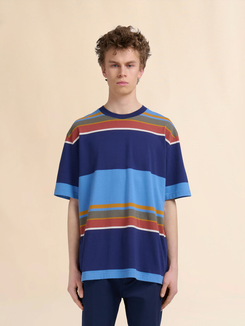 Blue organic cotton T-shirt with colour-block stripes - Shirts - Image 2