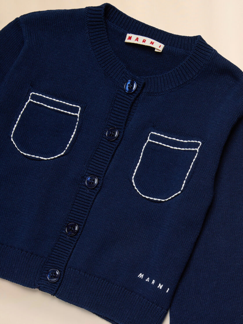 Deep blue cotton cardigan with contrast stitching, Image 3