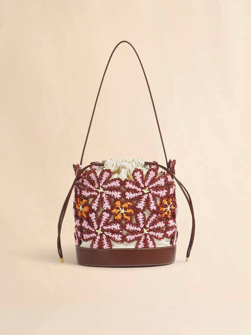 Pink paper raffia flower Seaside bucket bag - Shoulder Bags