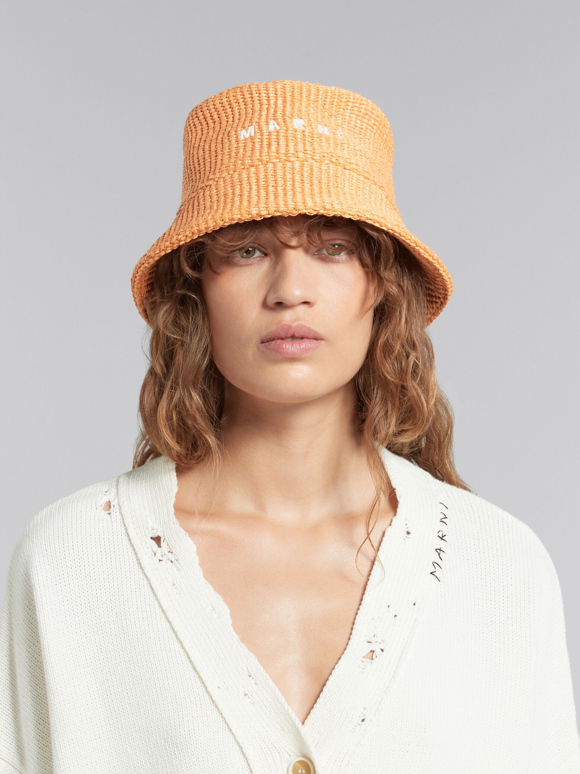 Orange raffia bucket hat with logo embroidery | Marni