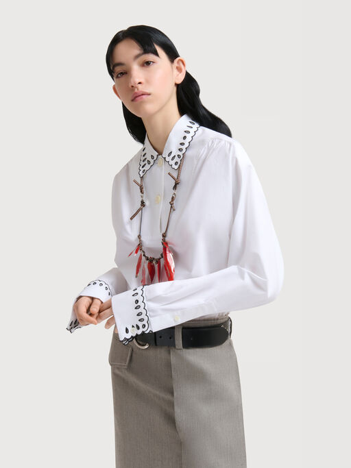 White poplin half-button shirt with broderie anglaise - Shirts