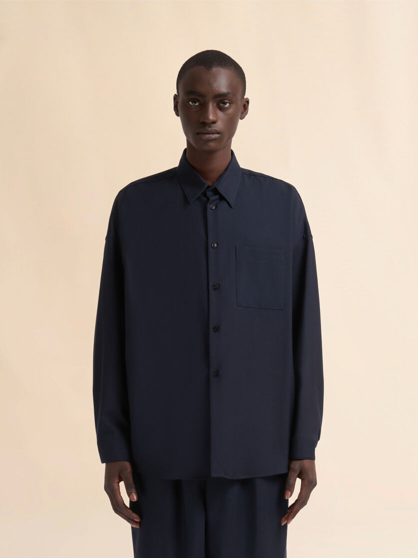 Deep blue tropical wool long-sleeved shirt - Shirts - Image 2