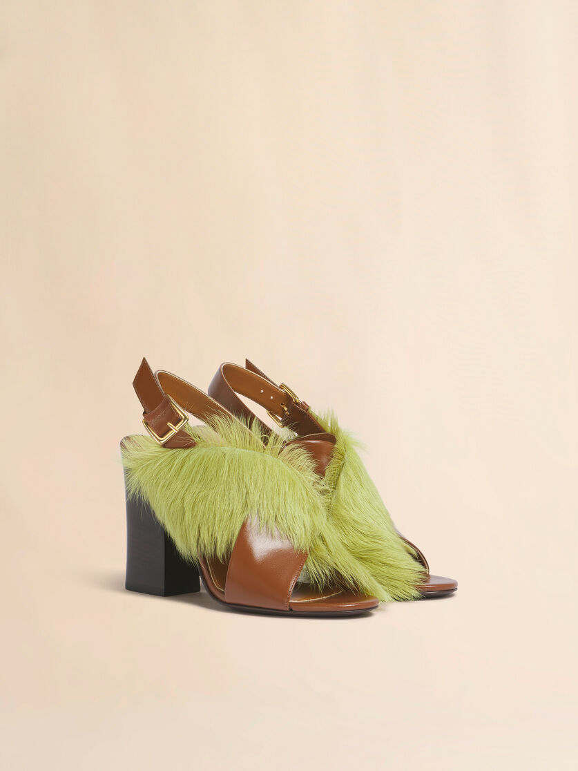 Brown and green leather and long-hair criss-cross sandal, Image 2