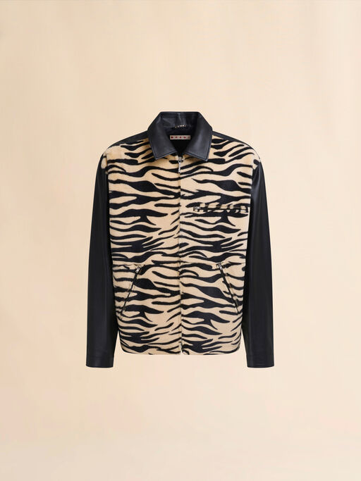 Black leather and tiger print shearling jacket - Jackets