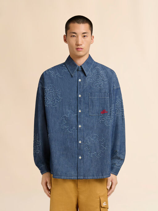 Blue chambray oversized shirt with frayed sun motif - Shirts