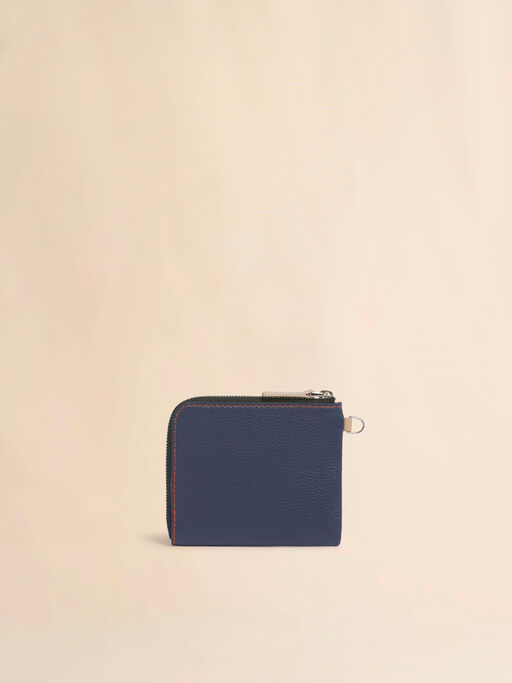 ブルー レザー製ラウンドファスナーウォレット、コントラストステッチ入り - 財布