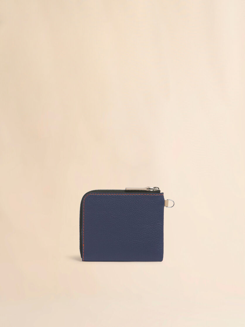 ブルー レザー製ラウンドファスナーウォレット、コントラストステッチ入り, Image 3