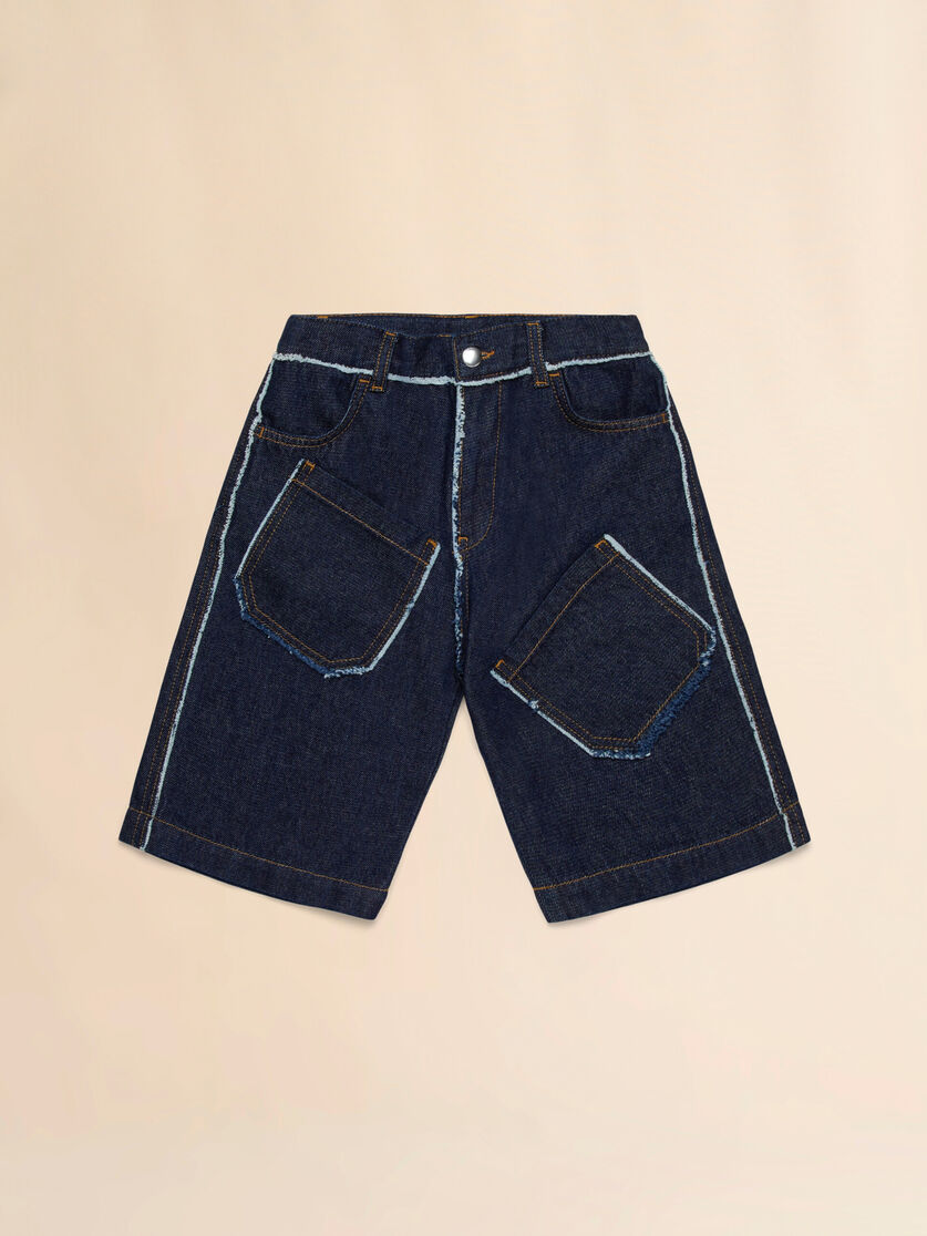 Dark denim shorts with frayed details - Pants - Image 1