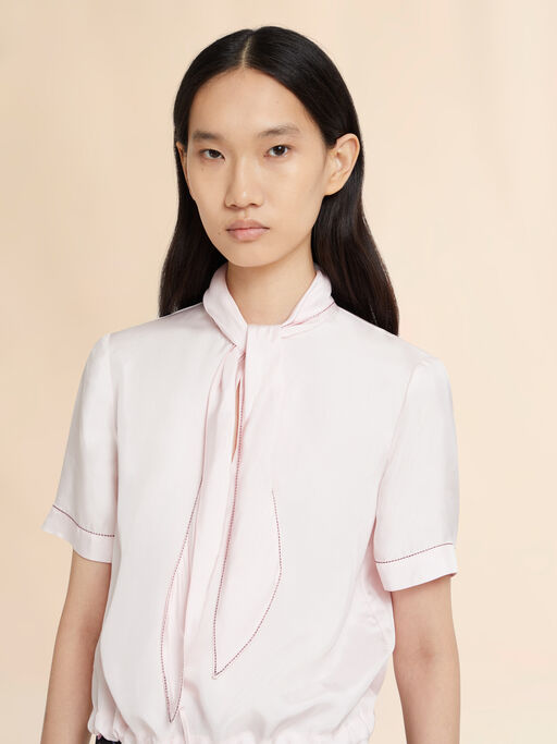 Pink viscose twill top with neck tie - Shirts