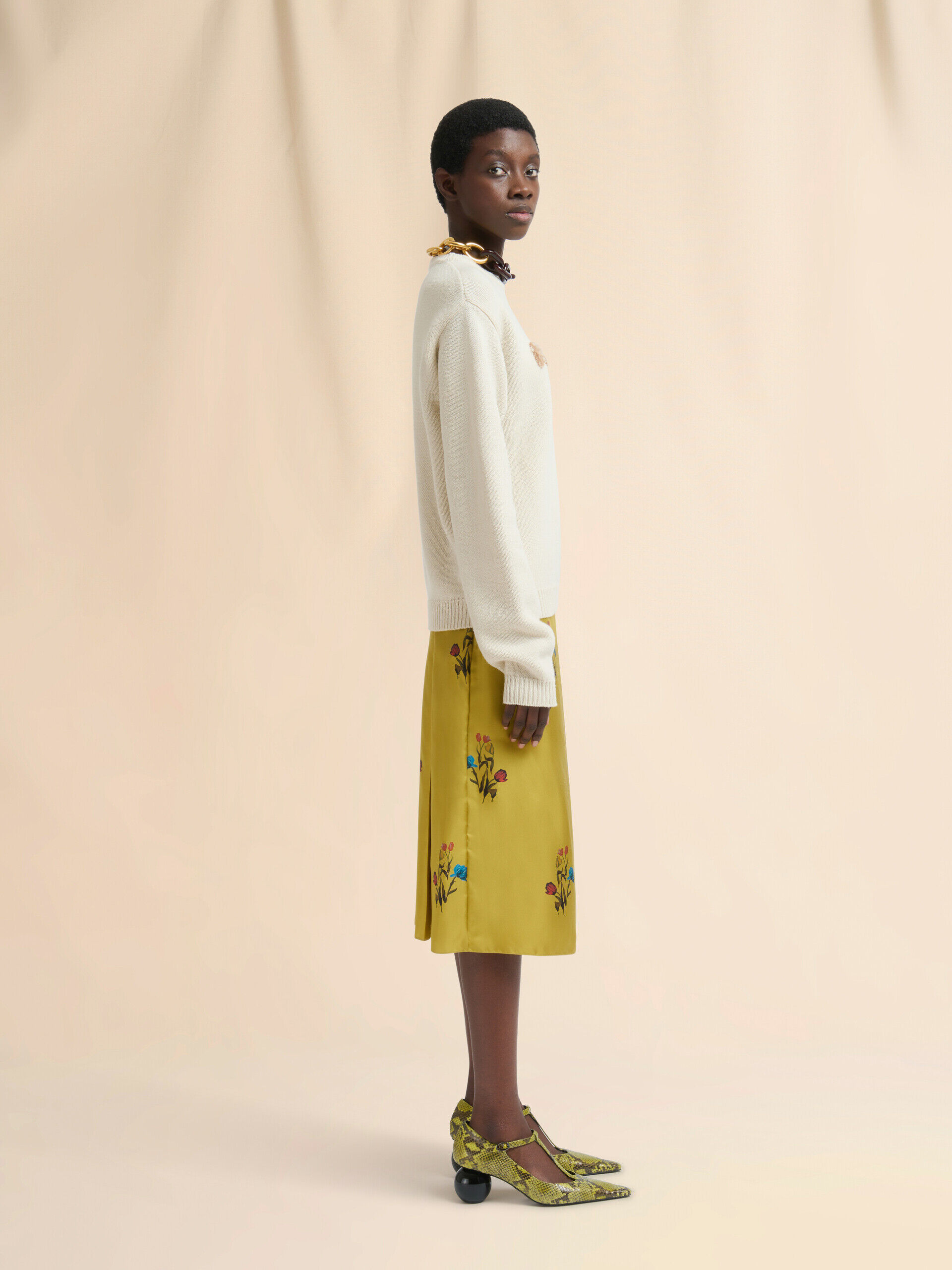 Cream wool sweater with laser-cut Marni logo | Marni