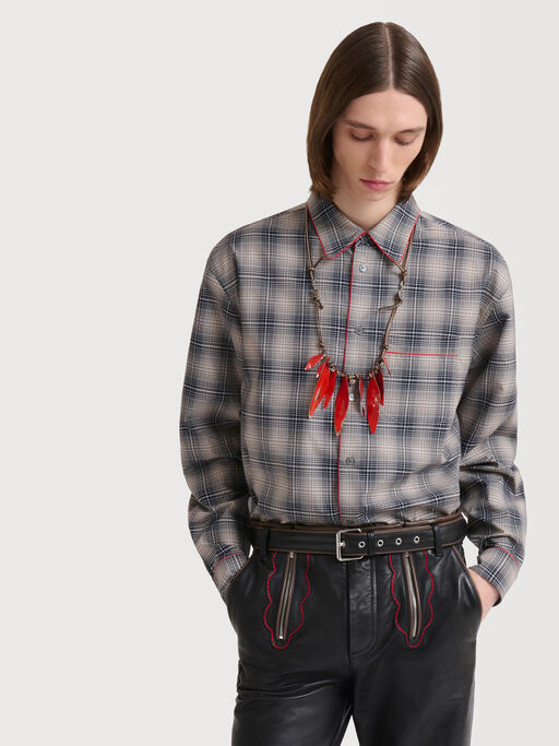 Beige e light brown checked poplin shirt with contrast piping - Shirts