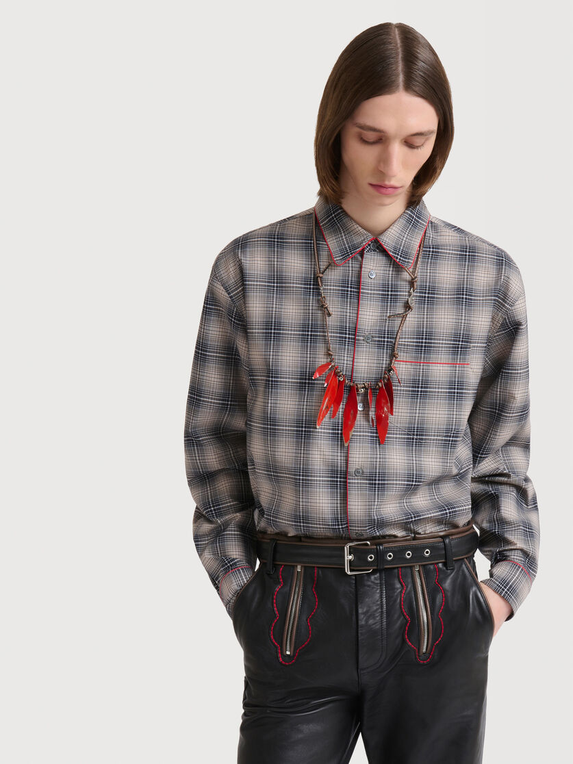 Beige e light brown checked poplin shirt with contrast piping, Image 3