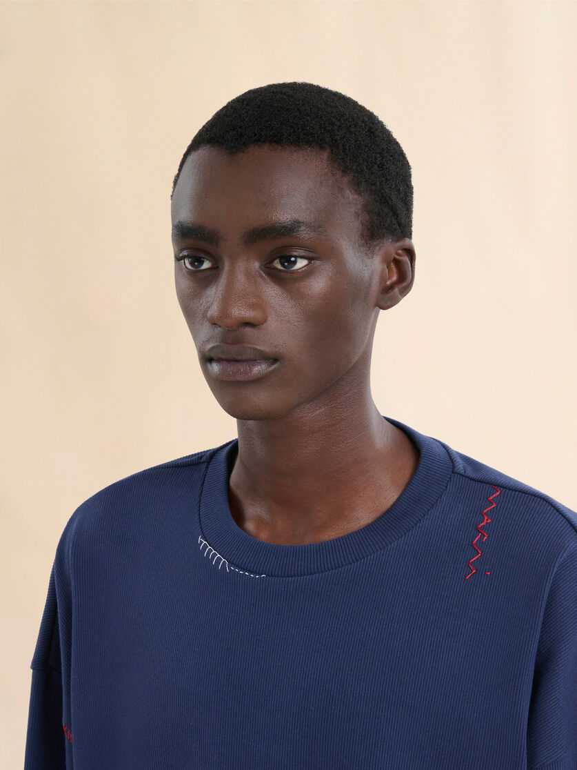 Dark blue ribbed cotton T-shirt with Marni Symbol - Shirts - Image 4