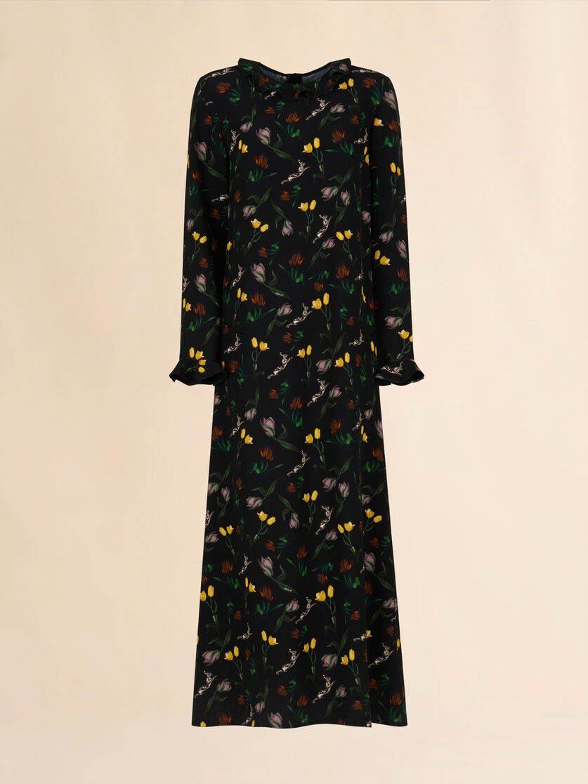 Black envers satin maxi dress with Tulips and Hares print - Dresses - Image 1