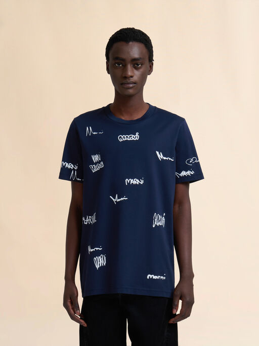 Deep blue cotton T-shirt with Multigram Marni print - Shirts