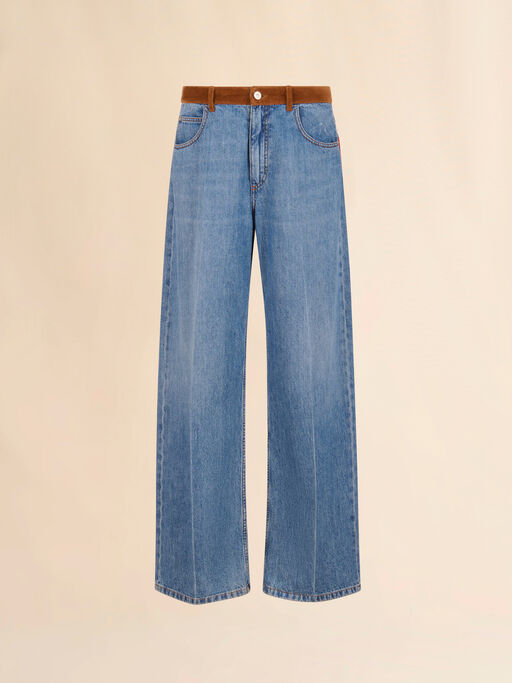 Blue denim trousers with velvet waistband - Pants