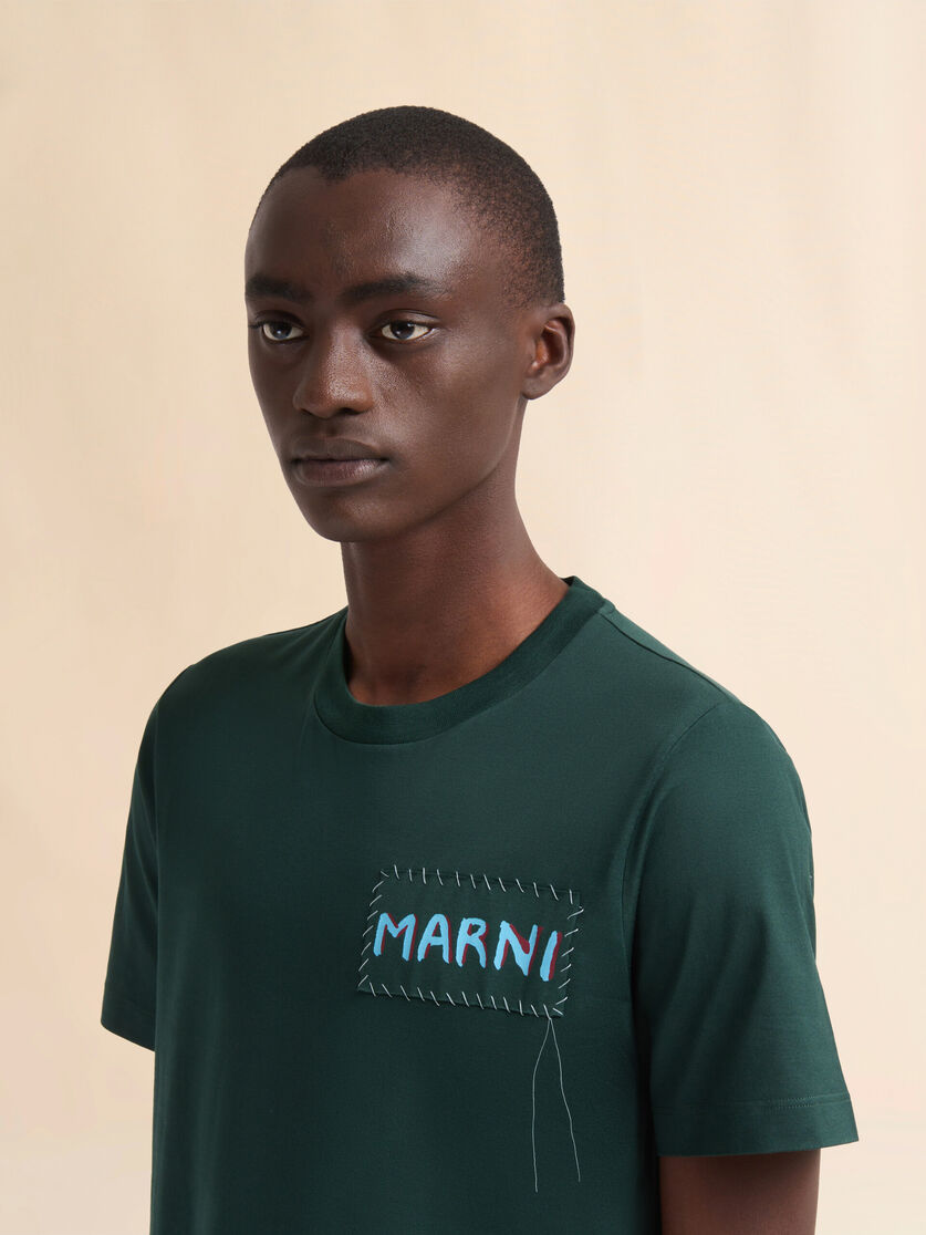 Green organic cotton T-shirt with Marni patch - Shirts - Image 4